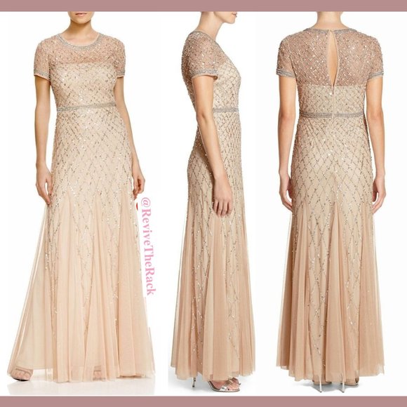New Adrianna Papell beaded short sleeve mesh gown - Picture 2 of 15